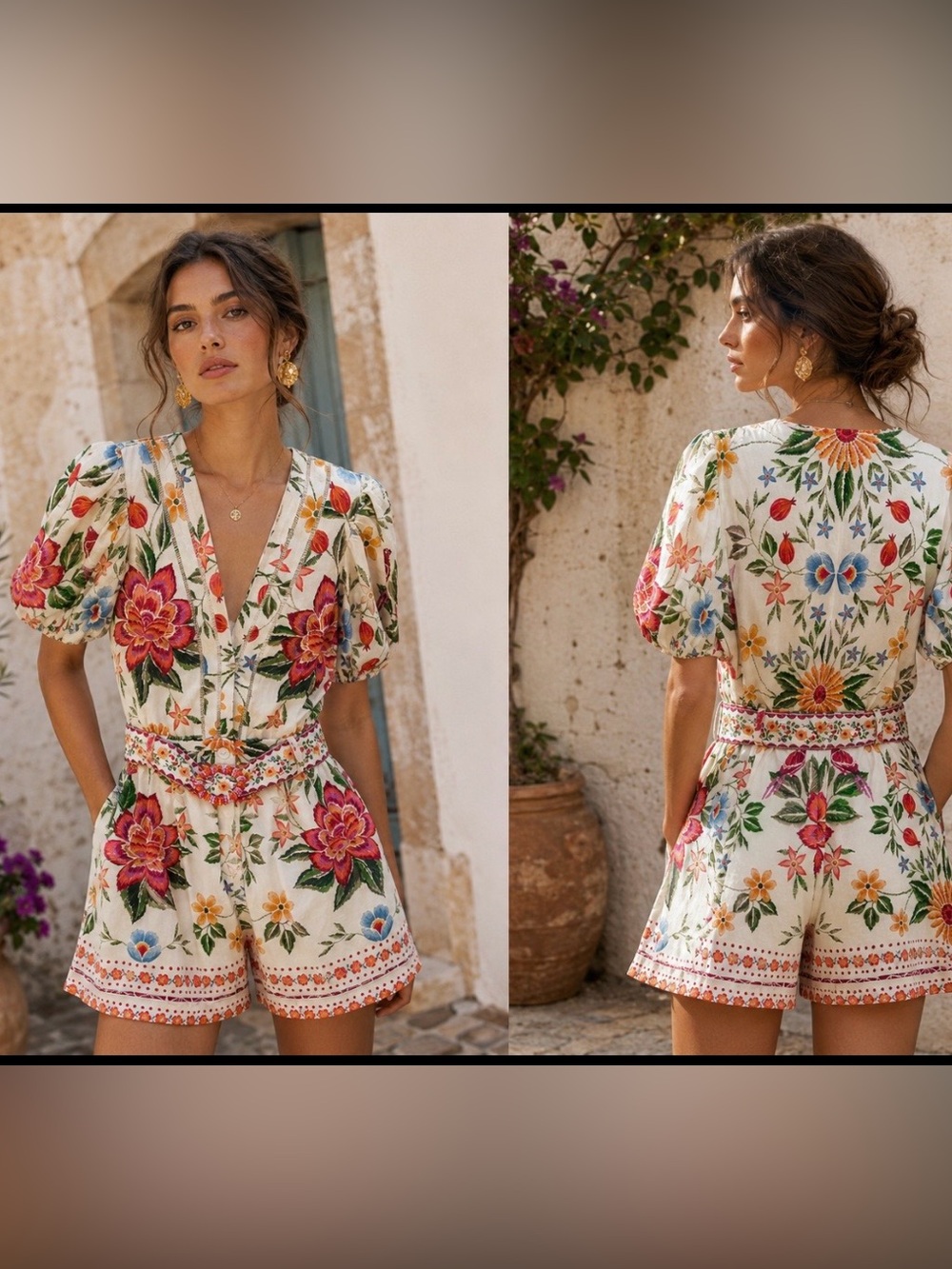CAROLINE CONSTAS Linen Blend Printed Romper With Novelty Buckle size 6